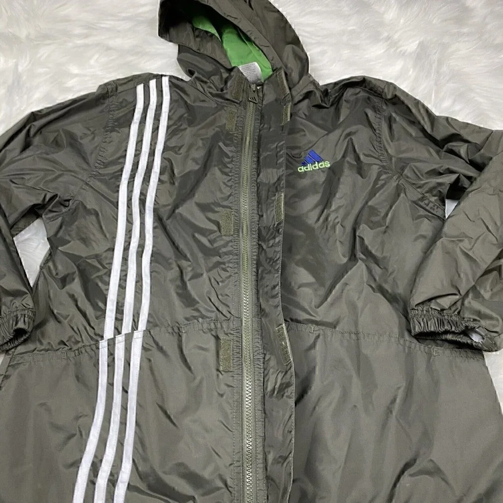 VINTAGE 1999 Adidas Windbreaker Jacket Boys Medium Olive Green 3 Stripe Full Zip